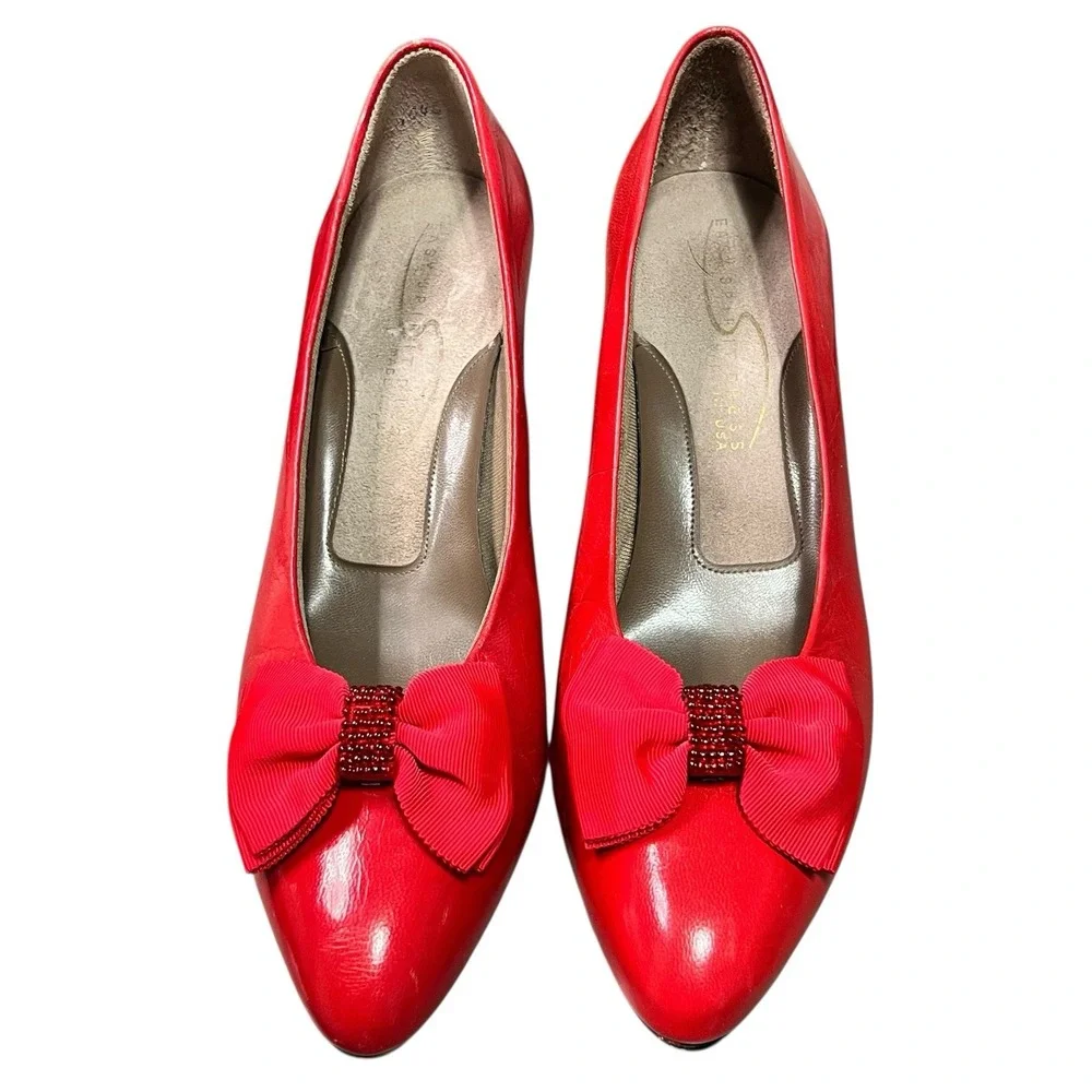 Vtg Easy Spirit Leather Pumps Sz 9 Red Beaded Bow Detail 2.75